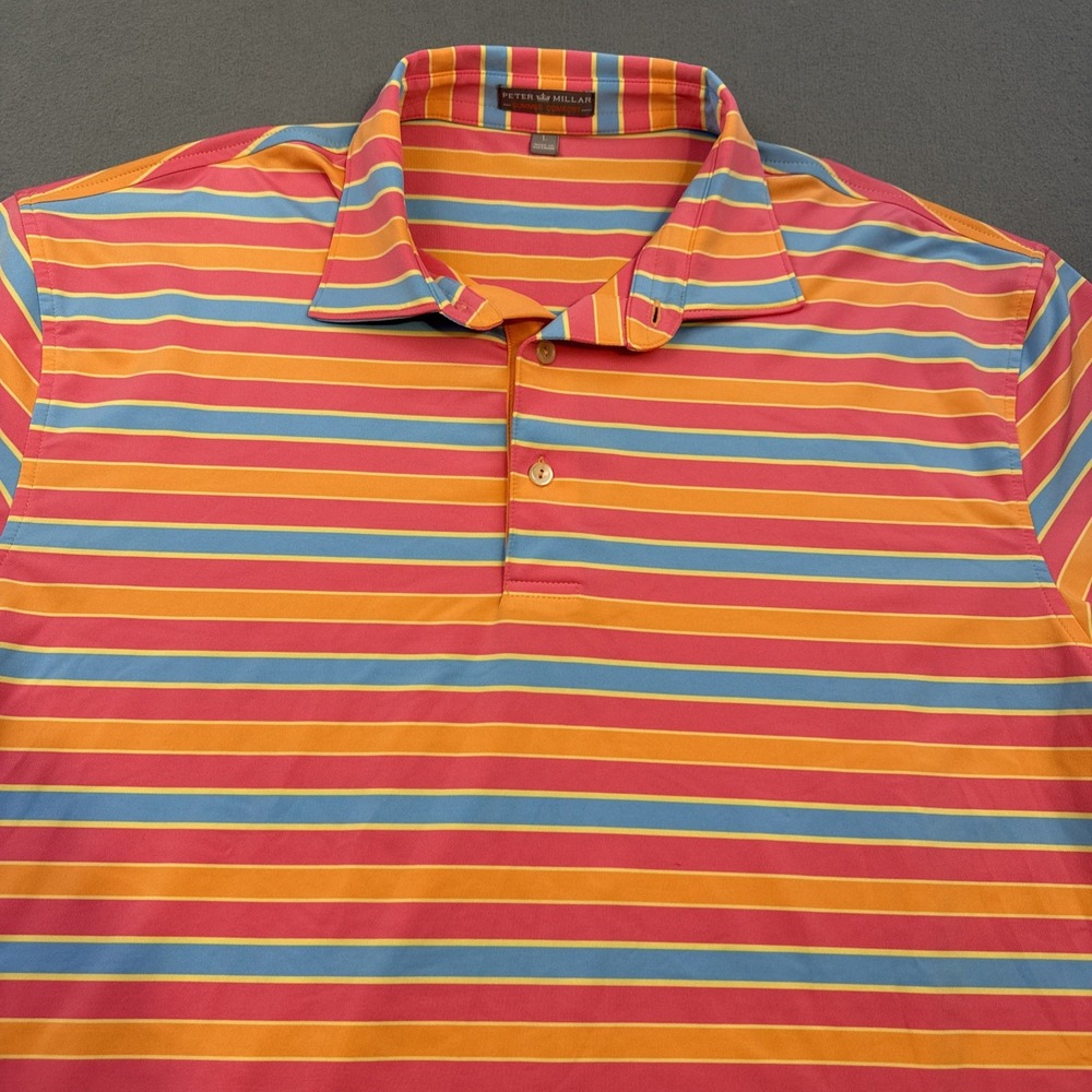 Peter Millar GOLF POLO SHIRT MENS LARGE MULTICOLOR LOUD Striped  100% Cotton